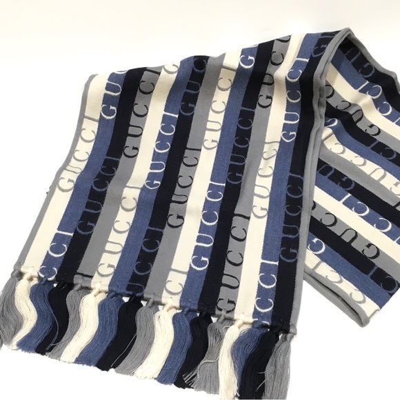 AUTHENTIC GUCCI WOOL STRIPED LONG SCARF -GREY / BLUE -NWT - Picture 5 of 7